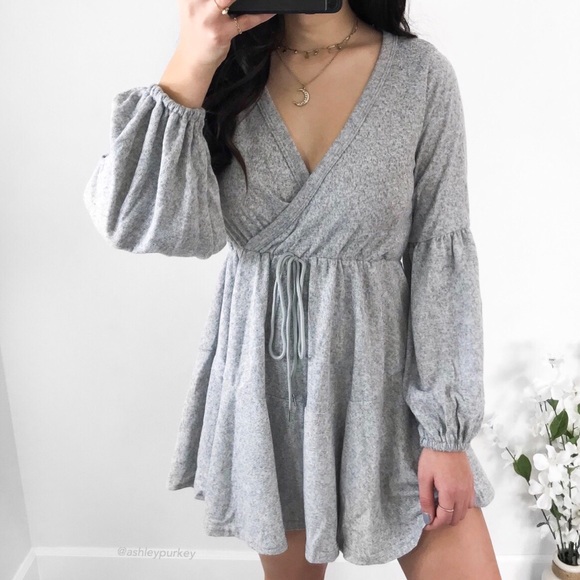 Soft & cozy gray wrap sweater mini dress - Picture 2 of 4